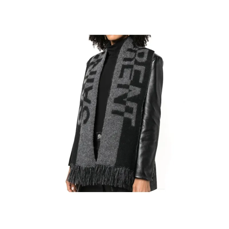 SAINT LAURENT Logo Detailed Fringed Edge Scarf-4