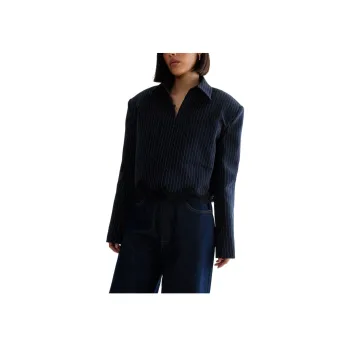 NASTY GAL Lace Hem Tailored Pinstripe Jacket Jackets Coats Women's Marine Blue