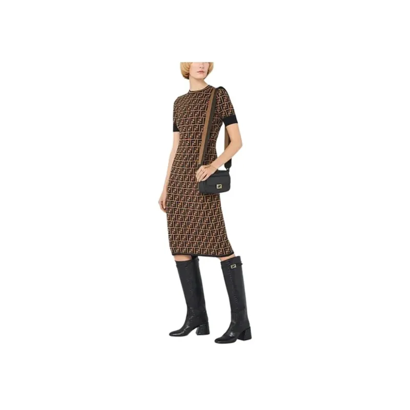 FENDI Short Sleeved Dresses Women's Brown-4