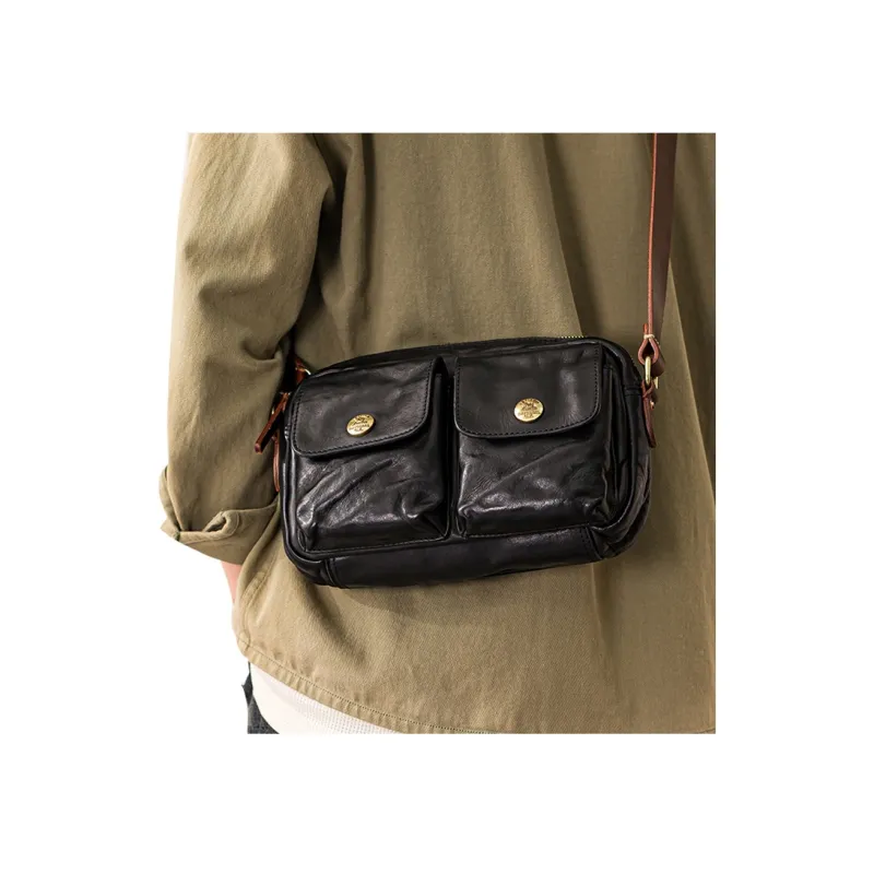 Back Step Top Grain Cow Leather Shoulder Bag Crossbody Bag Unisex Black-6