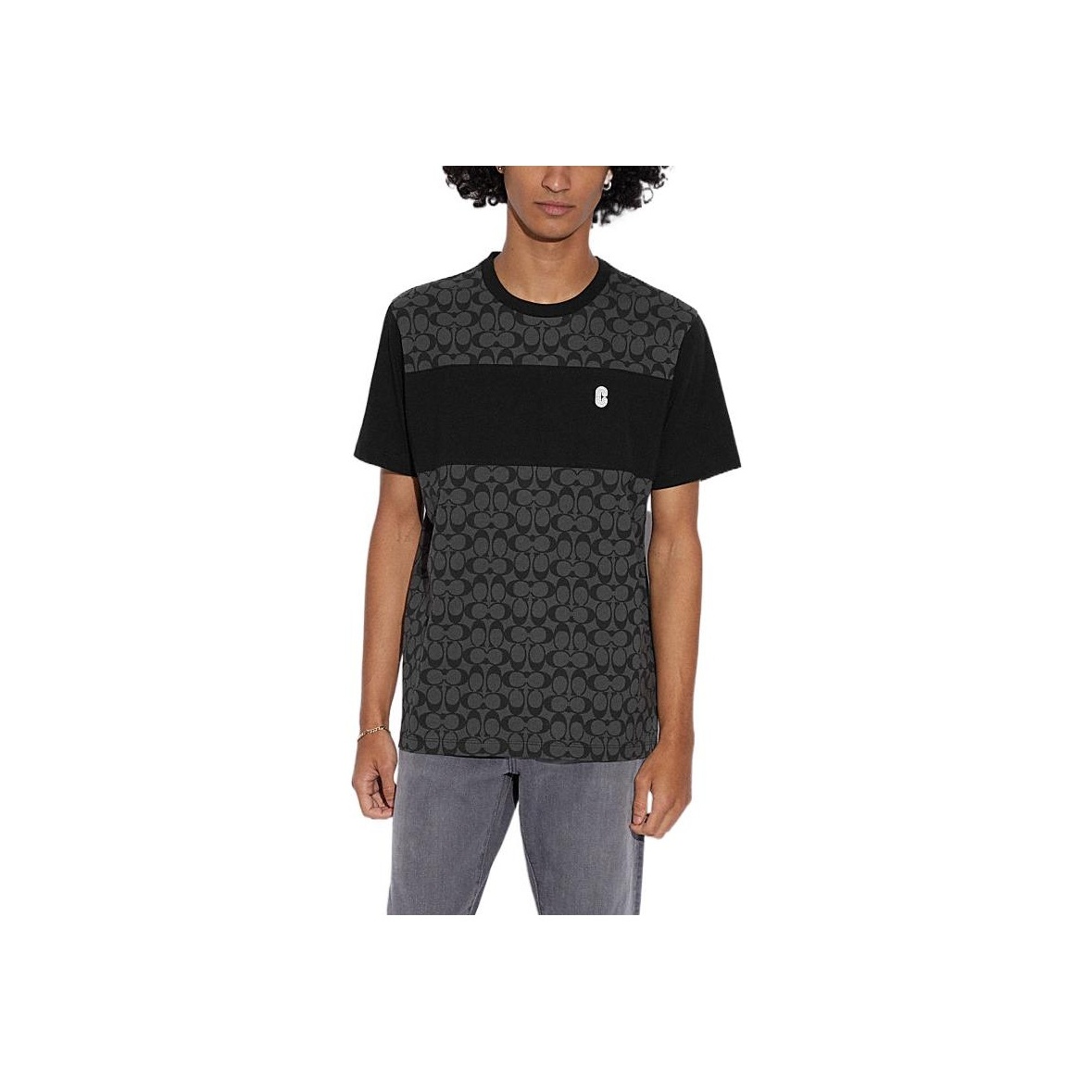 【SATIIIZ】Neden printed patch short-sleeved T-shirt COACH SS22 Men Patchwork Short Sleeve T-shirt Black - POIZON