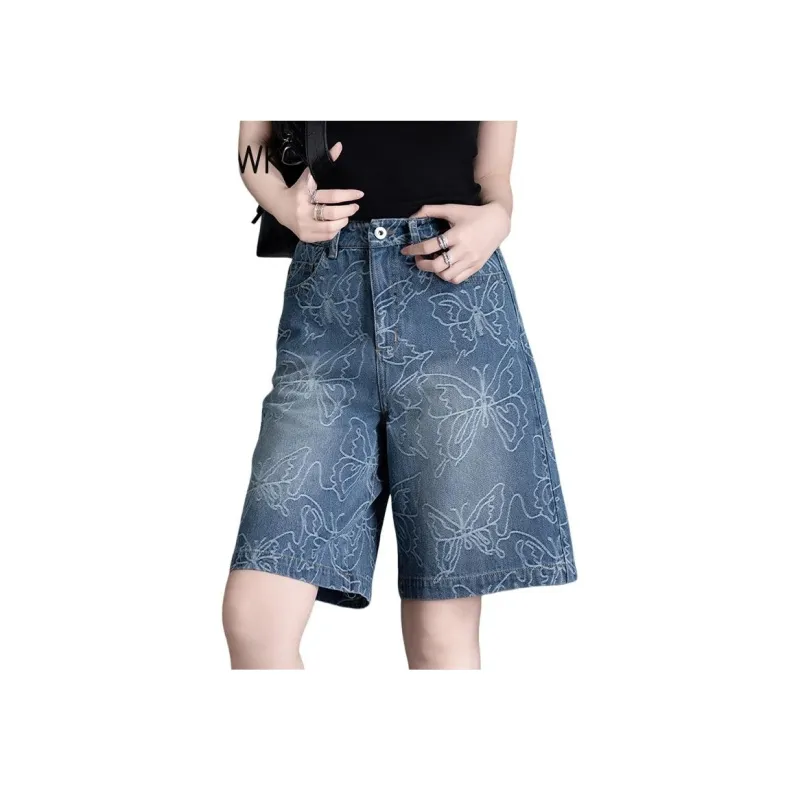 You Cow Me Pants Denim Shorts Women's Deep Sea Blue Jacquard-2