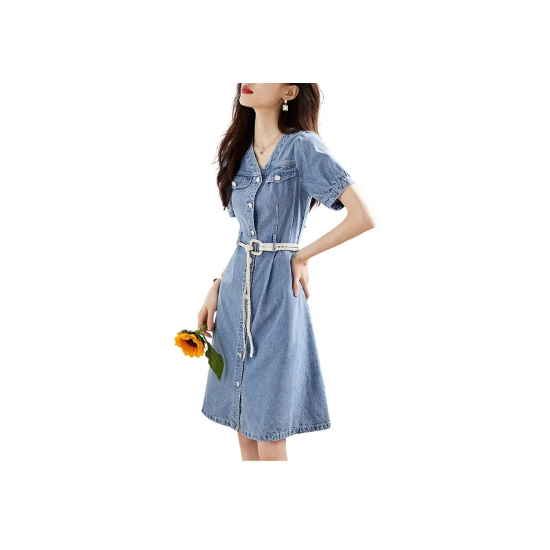 Mo Han Yi Mei Short Sleeved Dresses Women's Denim Blue-1