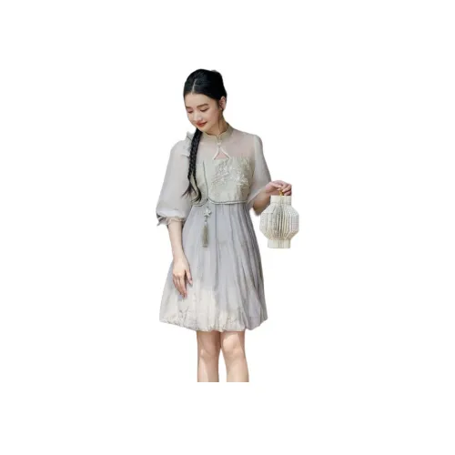 ZIHAN 다크 시안 그린 여성 반팔 원피스