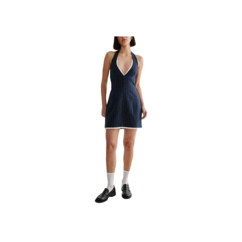 NASTY GAL Pinstripe Lace Trim Tailored Waistcoat Dress Slip Dresses Women's Denim Blue-0