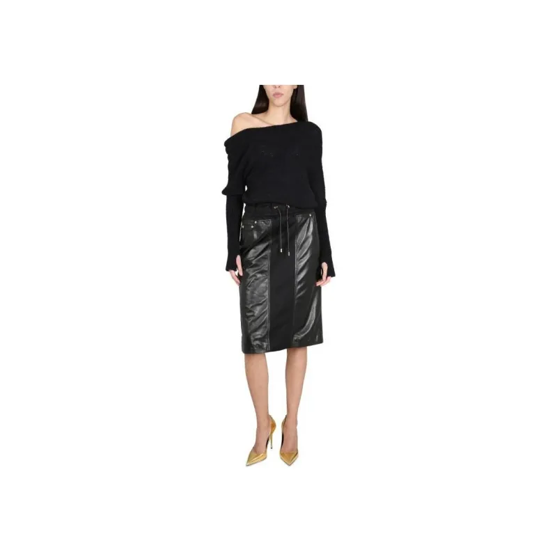 TOM FORD Panelled Leather And Cotton blend Jersey Midi Skirt-2