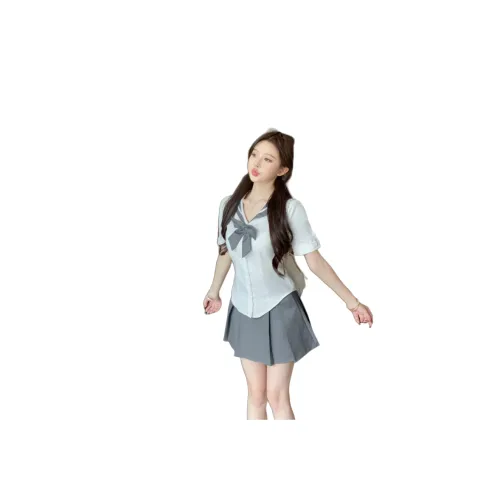 ONNFB 화이트 블라우스 + 그레이 플리츠 스커트 여성 유니폼