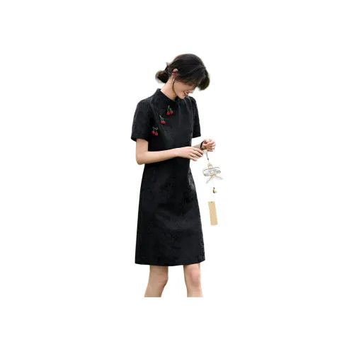 XWI 블랙 여성 반팔 원피스