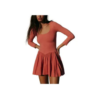 FREE PEOPLE Onda Drop-Waist Long-Sleeve Mini Long-Sleeved Dresses Women's Red Mango Color