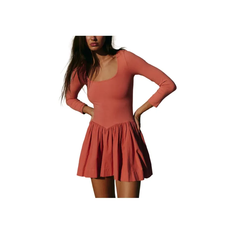 FREE PEOPLE Onda Drop-Waist Long-Sleeve Mini Long-Sleeved Dresses Women's Red Mango Color-0