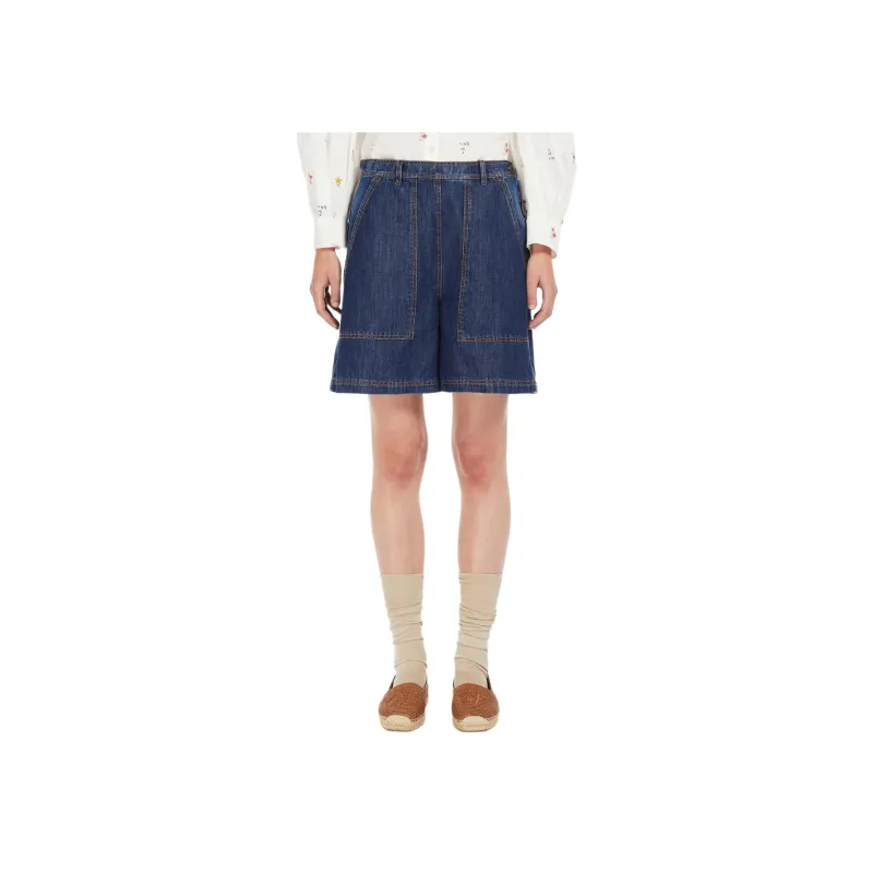 WEEKEND MaxMara Elica Collection Cotton And Linen Denim Jeans Casual Shorts Women's Blue-1