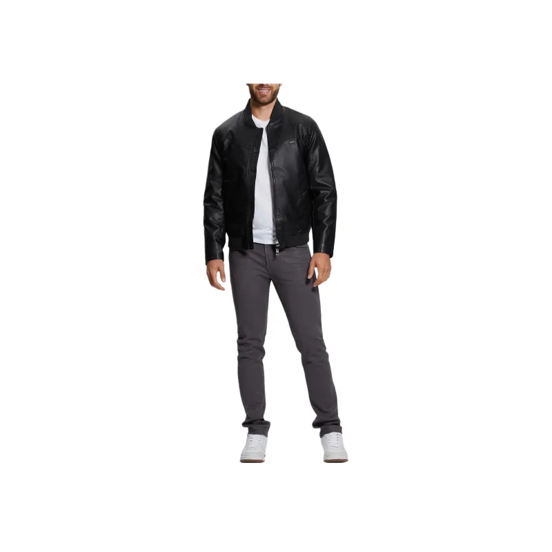 GUESS Faux Leather Bomber Jacket Jackets Coats Men's Black-1