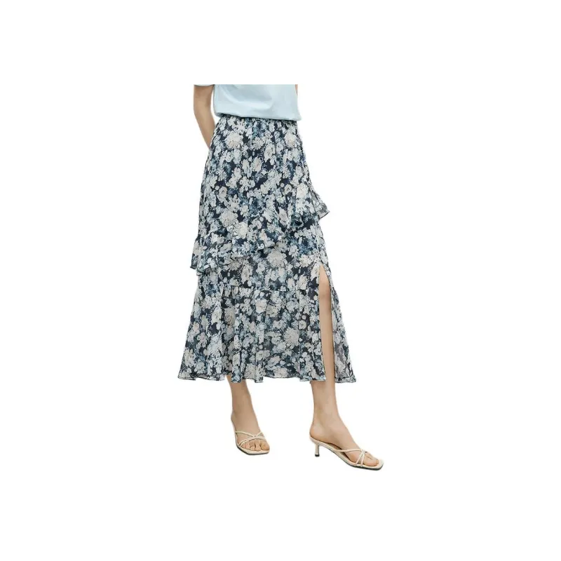 Hopeshow Casual Long Skirt Women's Blue With Floral-1