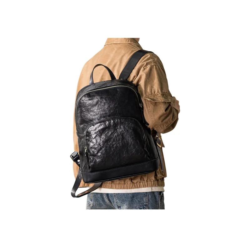 Back Step Top Grain Vegetable Tanned Cow Leather Genuine Leather Computer Travel Backpack Large Size Unisex Black-4