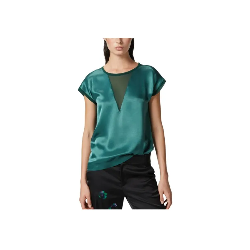 PINKO Semi Sheer Panelled Crewneck Satin Blouse-4