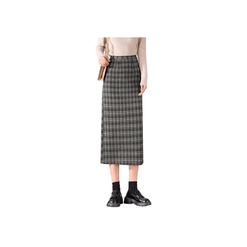 Weixi Casual Long Skirts Women's Black White Plaid-2