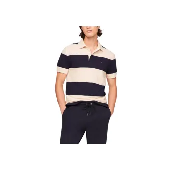 Tommy Hilfiger Polo Shirt Men's Khaki Navy Blue Stripes