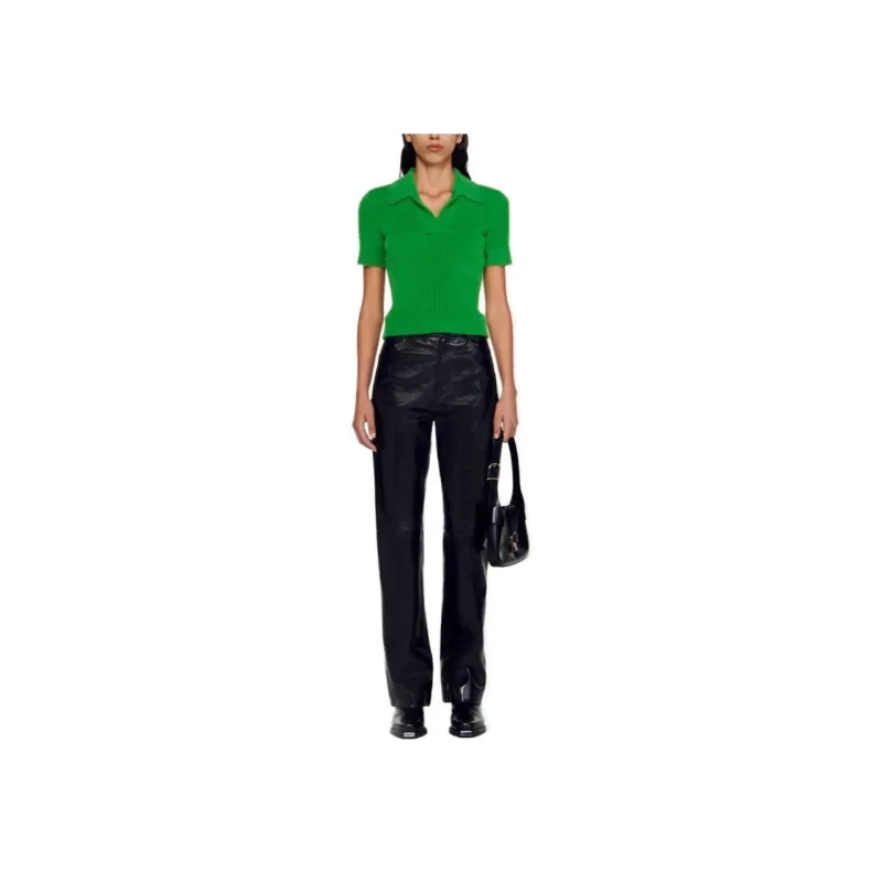 Sandro Brushed Ribbed-knit Polo Top-1