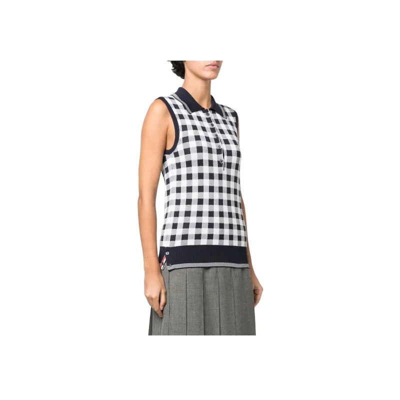 THOM BROWNE Gingham jacquard Sleeveless Polo Top-3