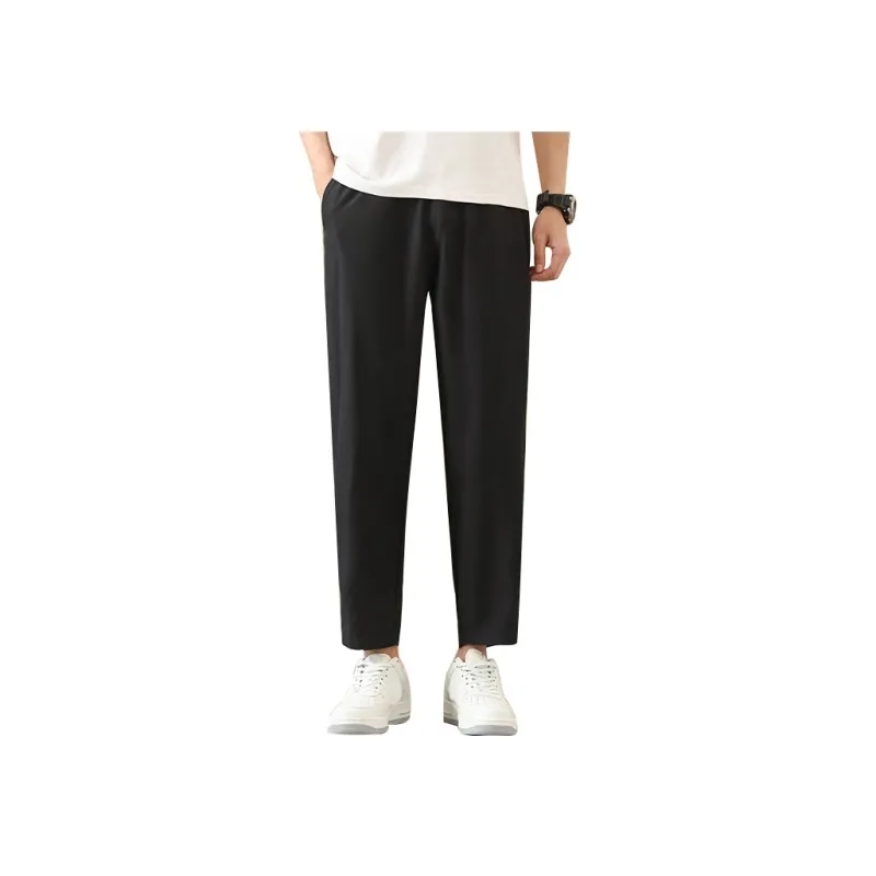 JEANSWEST Ankle Length Thin Solid Color Stretch Straight Fit Pants Ice Silk Summer Men's Black-0