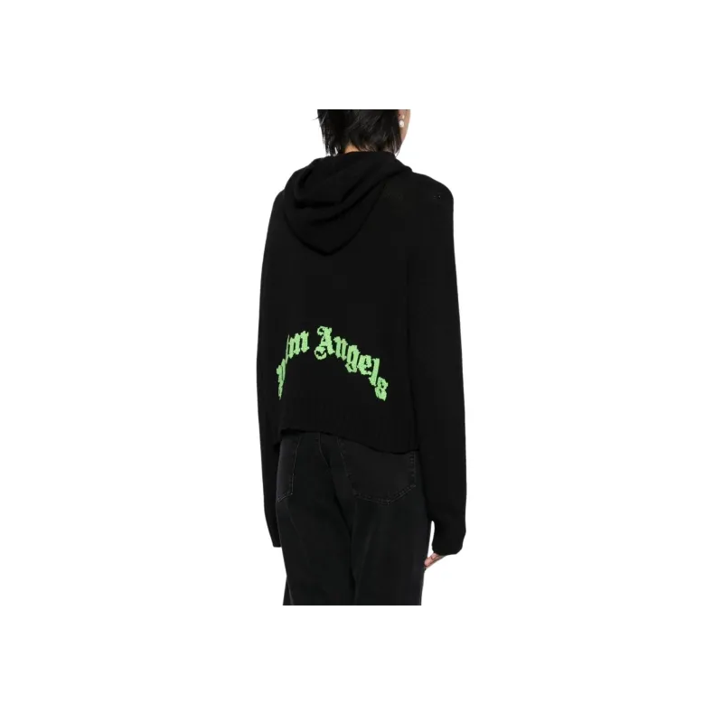 PALM ANGELS Curved Logo Knitted Hoodie-1