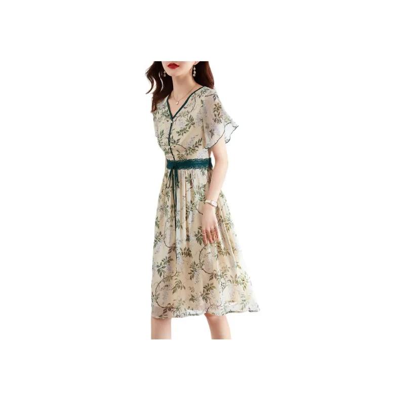 XWI Short Sleeved Dress Women's Apricot Base With Green Leaves-0