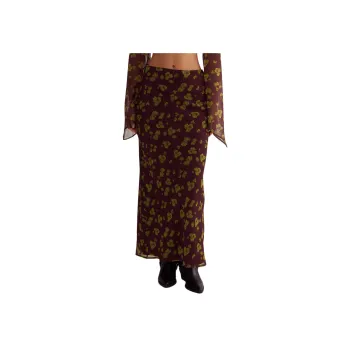 NASTY GAL Ditsy Crinkle Chiffon Bias Maxi Skirt Casual Long Skirts Women's Chocolate
