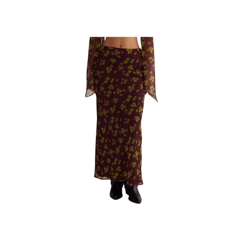 NASTY GAL Ditsy Crinkle Chiffon Bias Maxi Skirt Casual Long Skirts Women's Chocolate-0