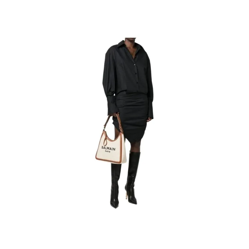 BALMAIN B ARMY Cotton With Cow Leather Tote Bag, Shopping Bag, Shoulder Bag, Handbag Women's Beige/Brown-4