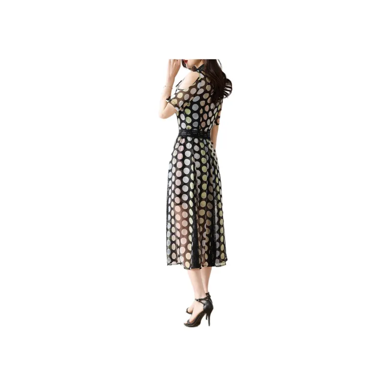 Hang Yi Court Short Sleeved Dress Women's Black With Polka Dot-1