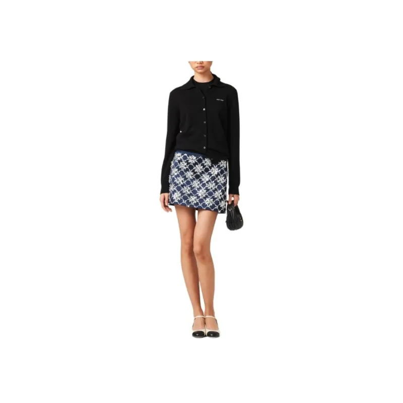 MIU MIU Embroidered Duchess Miniskirt Casual Short Skirts Women's Marine Blue-1