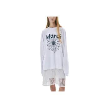 MARDI MERCREDI SS25 UNISEX TSHIRT LONG SLEEVE FLOWERMARDI_WHITE NAVY T Shirt Korean Style Unisex White Marine Blue