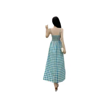 Flowers In Water Slip Dress Women's Blue Plaid