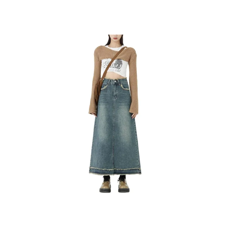 ZAVK Denim Long Skirts Women's Vintage Blue-0