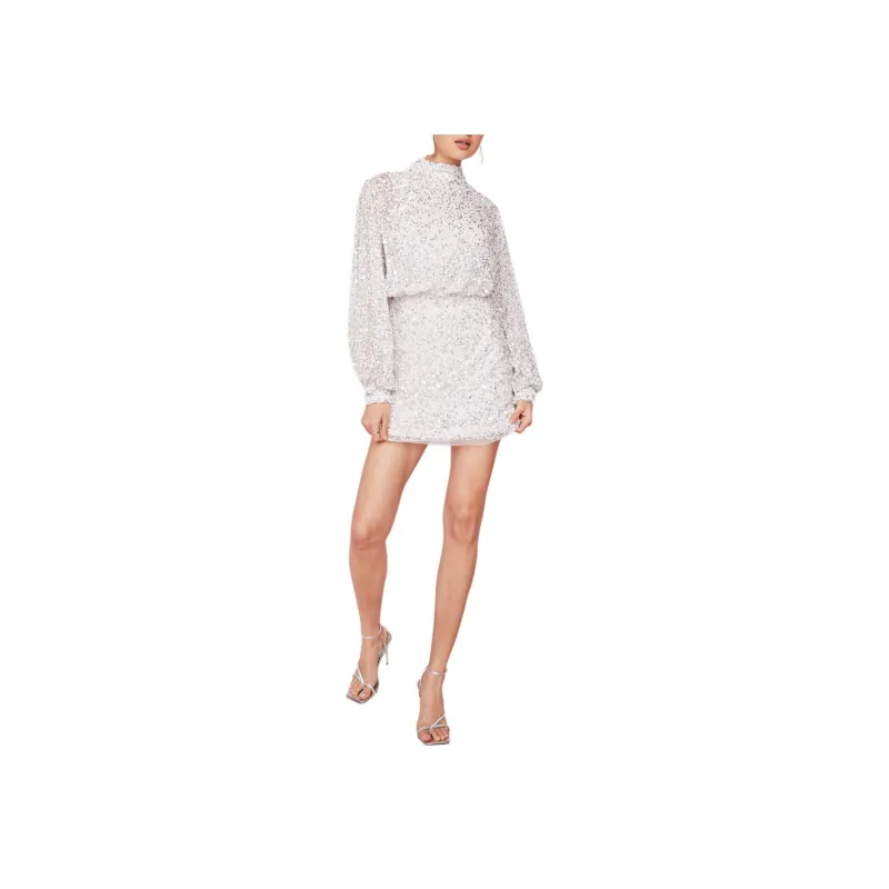 NASTY GAL Balloon Sleeve Sequin Embellished Mini Dress Long-Sleeved Dresses Women's White-0