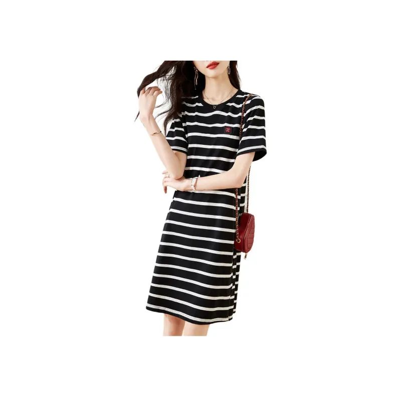 Mo Han Yi Mei Short Sleeved Dress Women's Black White Stripes-2