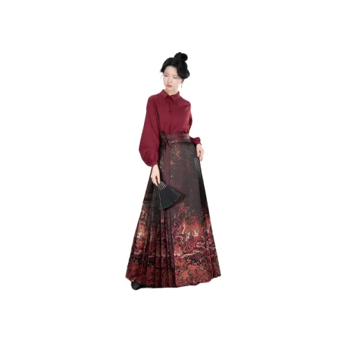 Weaving Division 2종 세트 클라우드 드래곤 스탠드 카라 블라우스 + 마면치마 여성 한푸