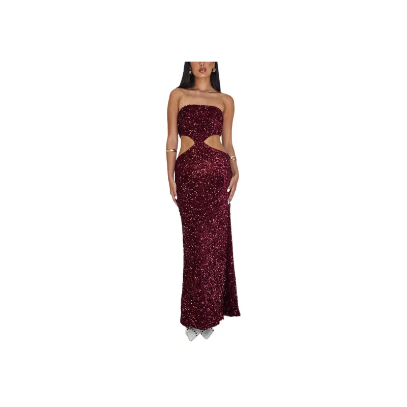 PRINCESS POLLY REGALIA STRAPLESS MAXI DRESS Sleeveless Dress Women's Burgundy/Burgundy-0