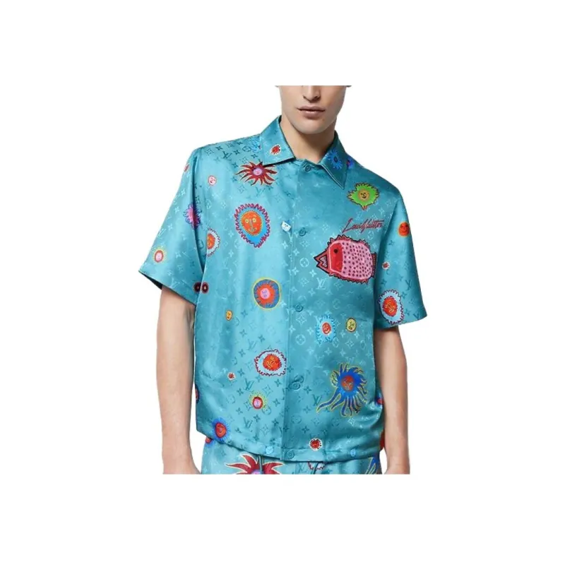 LOUIS VUITTON Pre Owned X Yayoi Kusama 2010 Monogram Face Shirt Short Sleeve Silk Turquoise Blue Multicolor 23AW-2