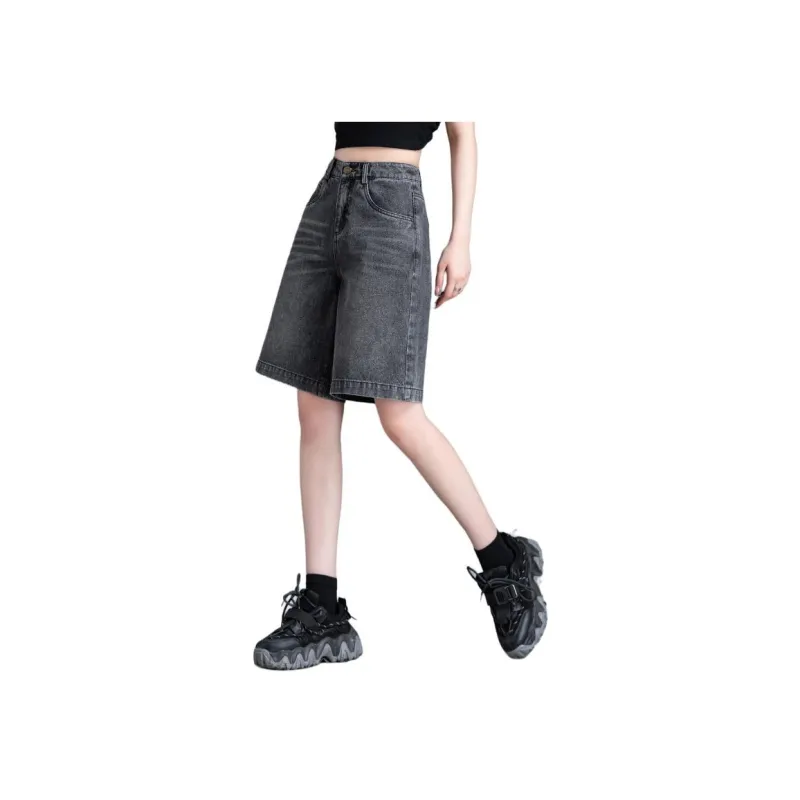 You Cow Me Pants Denim Shorts Women's Black Gray-3