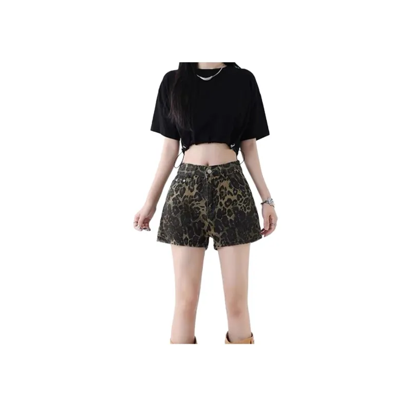 NHZN Denim Shorts Women's Leopard Print-4