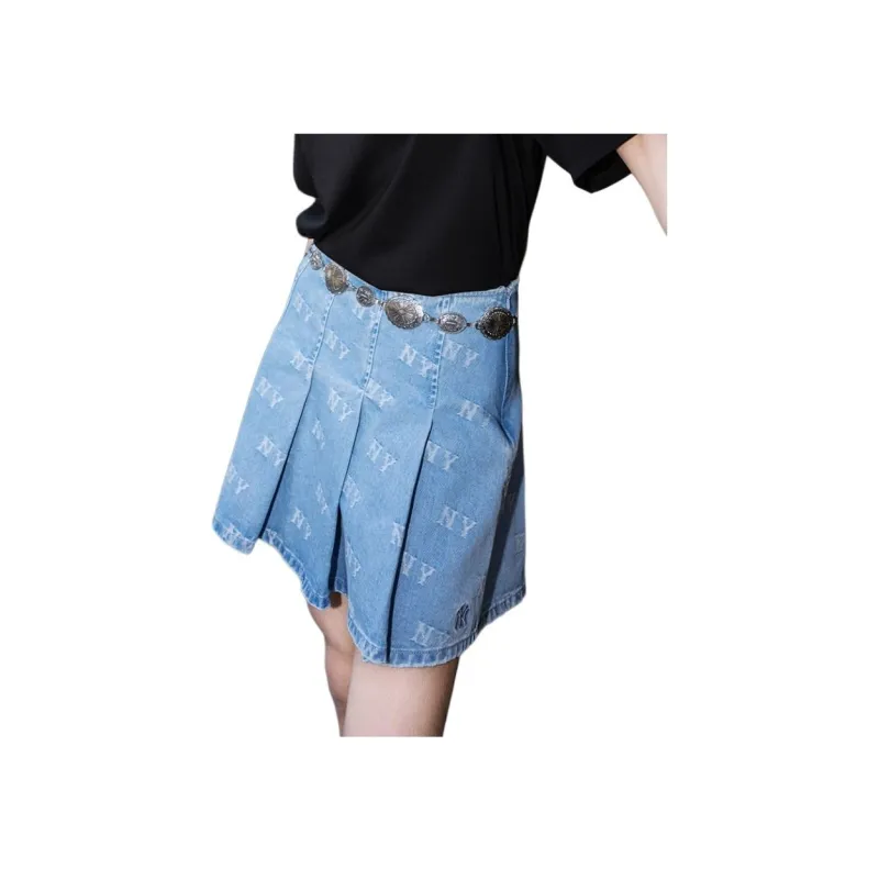 MLB New York Yankees Old Flower Denim Short Skirts Women's Light Blue-1