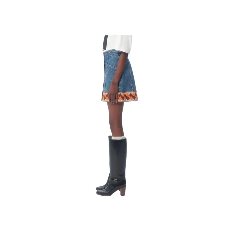 Valentino Jacquard Trim Mid Rise Denim Skirt-4