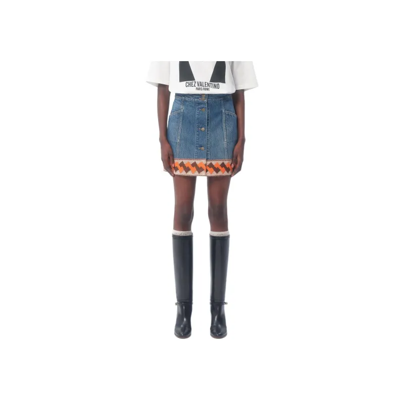 Valentino Jacquard Trim Mid Rise Denim Skirt-1