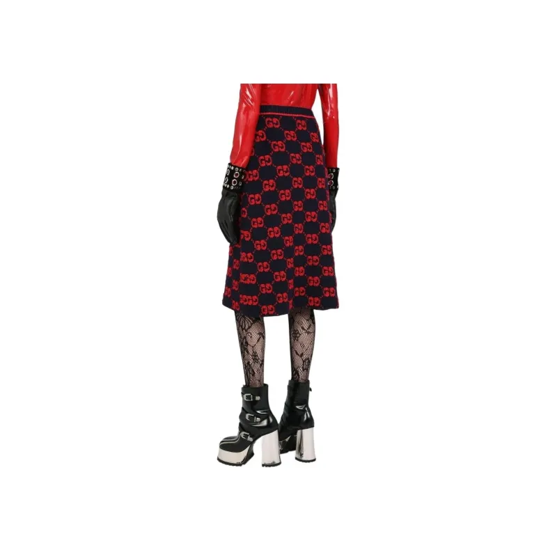 GUCCI Women's Gg Wool Boucle Jacquard Skirt Blue/Red-2