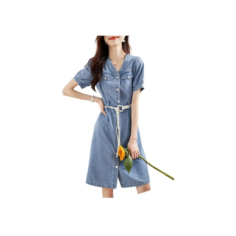 Mo Han Yi Mei Short Sleeved Dresses Women's Denim Blue-0