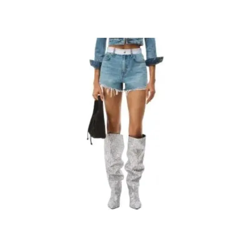 T By Alexander Wang Logo Webbing High Rise Bite Shorts Vintage Light Indigo-4