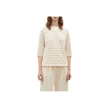 LA GARCONNE Stripes Boat Neck Pullover 7/8 Long-Sleeved T-Shirt Women's Honey Beige