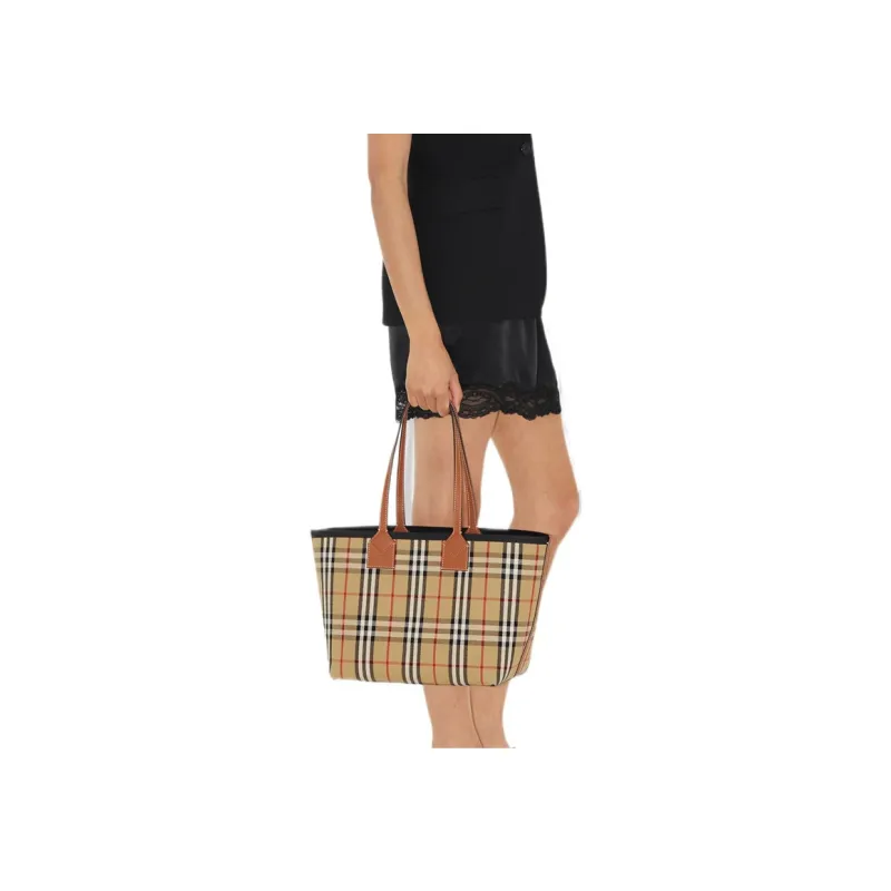 Burberry Check Cotton Small London Tote Bag Briar Brown/Black-8