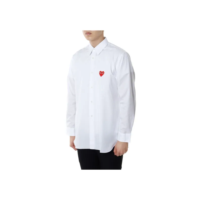 CDG Play Red Emblem Button Up Shirt White-3